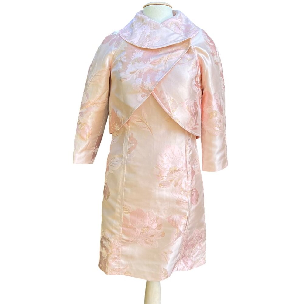 Tahari‎ Levine Dress Jacket Set Pink Metal Gold 4 Twee Retro Event Chic READ
